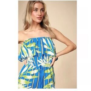 Lulus montane royal blue tropical print strapless jumpsuit XS